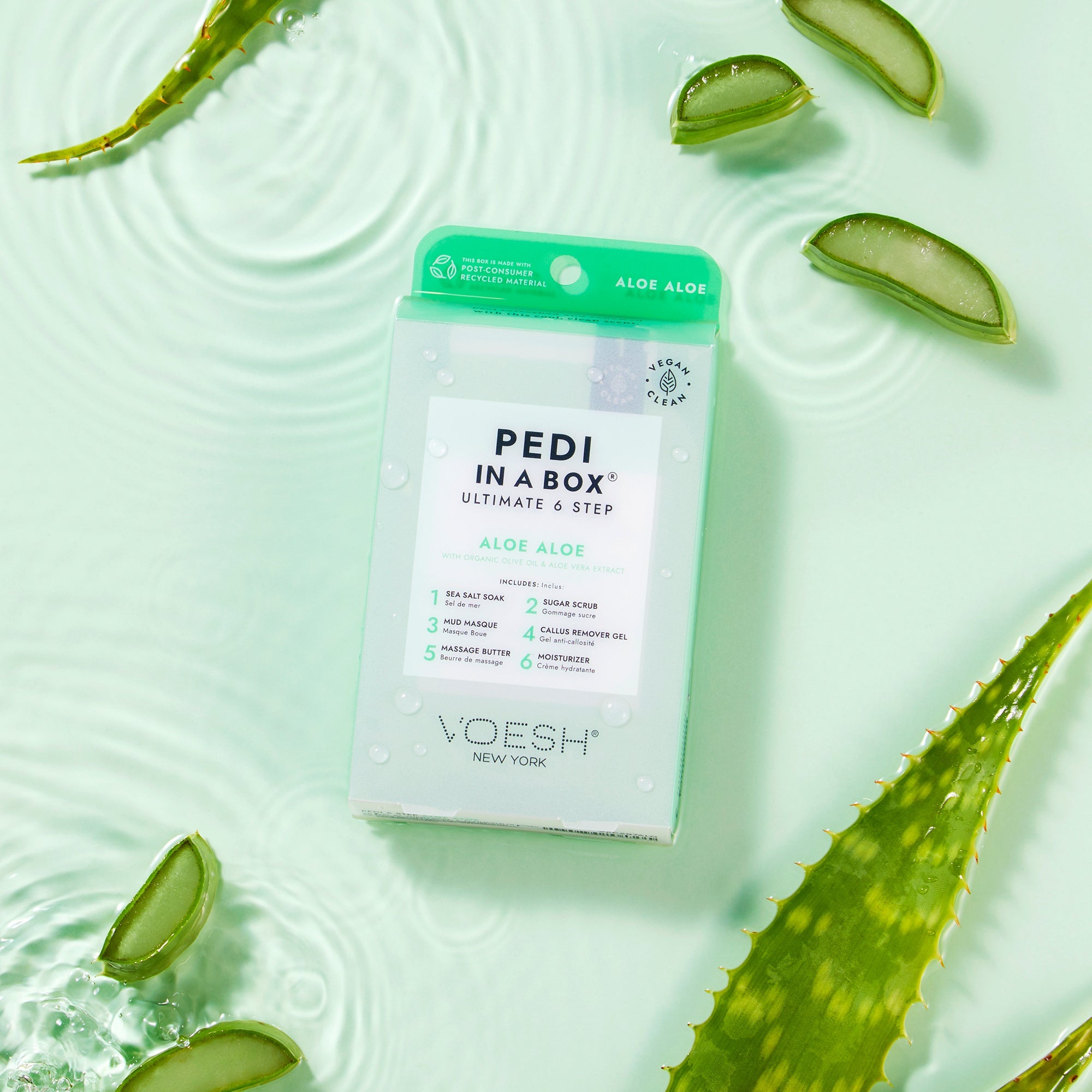 Pedi In a Box 6 Step Aloe Aloe in water with aloe pieces, light green background